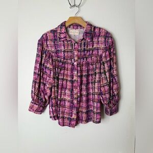 Miss June Paris pink multi-color abstract print button down 3/4 sleeve blouse M